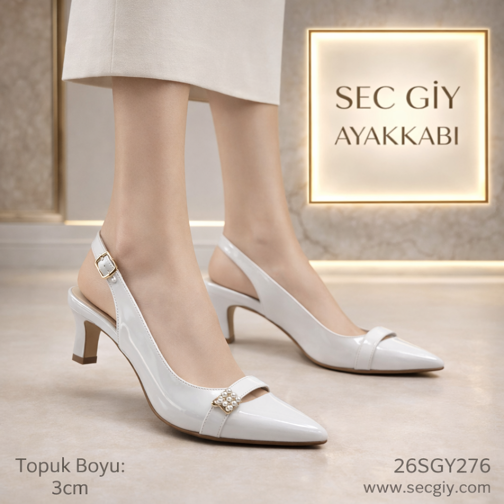 Beyaz Kadın Topuklu Babet 3 cm Günlük Şık Ayakkabı