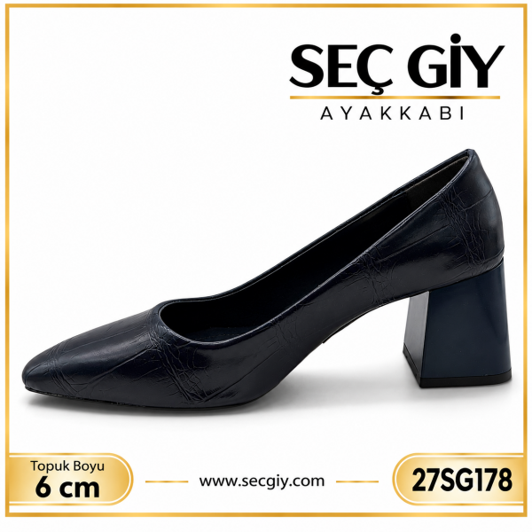 Lacivert Kroko Desenli Sivri Burun Bayan Topuklu Ayakkabı 6 cm