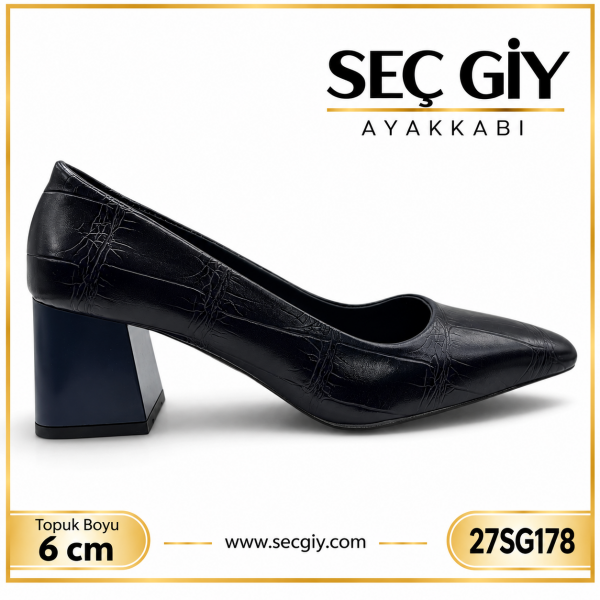 Lacivert Kroko Desenli Sivri Burun Bayan Topuklu Ayakkabı 6 cm