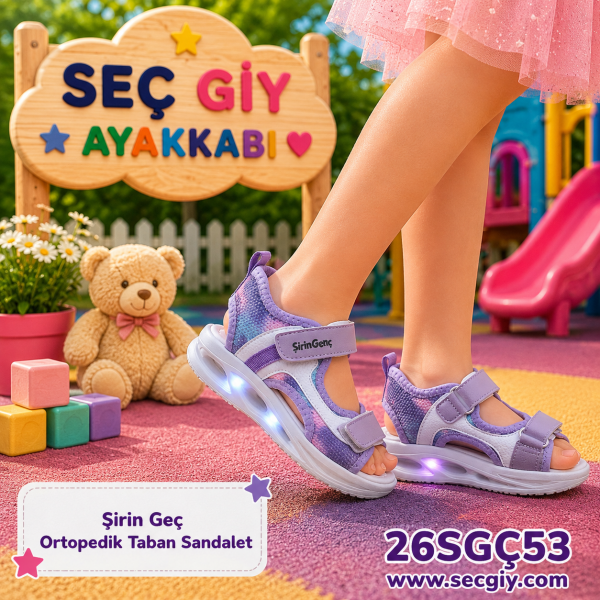 Kız Çocuk Işıklı Ortopedik Sandalet Cırt Cırtlı Mor Spor Sandalet