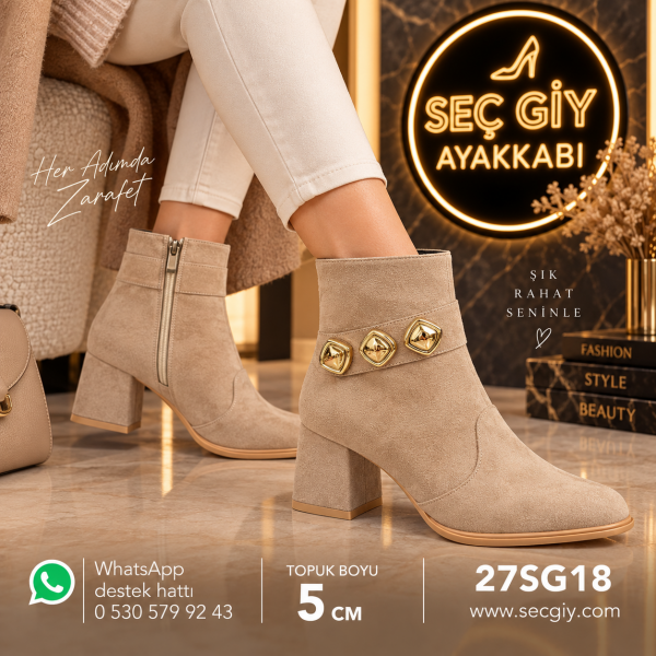 Vizon Süet Gold Aksesuarlı Kadın Topuklu Bot – 5 cm Kalın Topuk