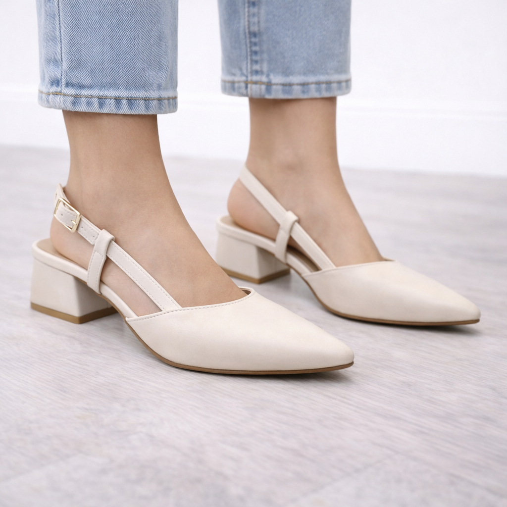 İnce Bant Detaylı Topuklu Babet – Krem