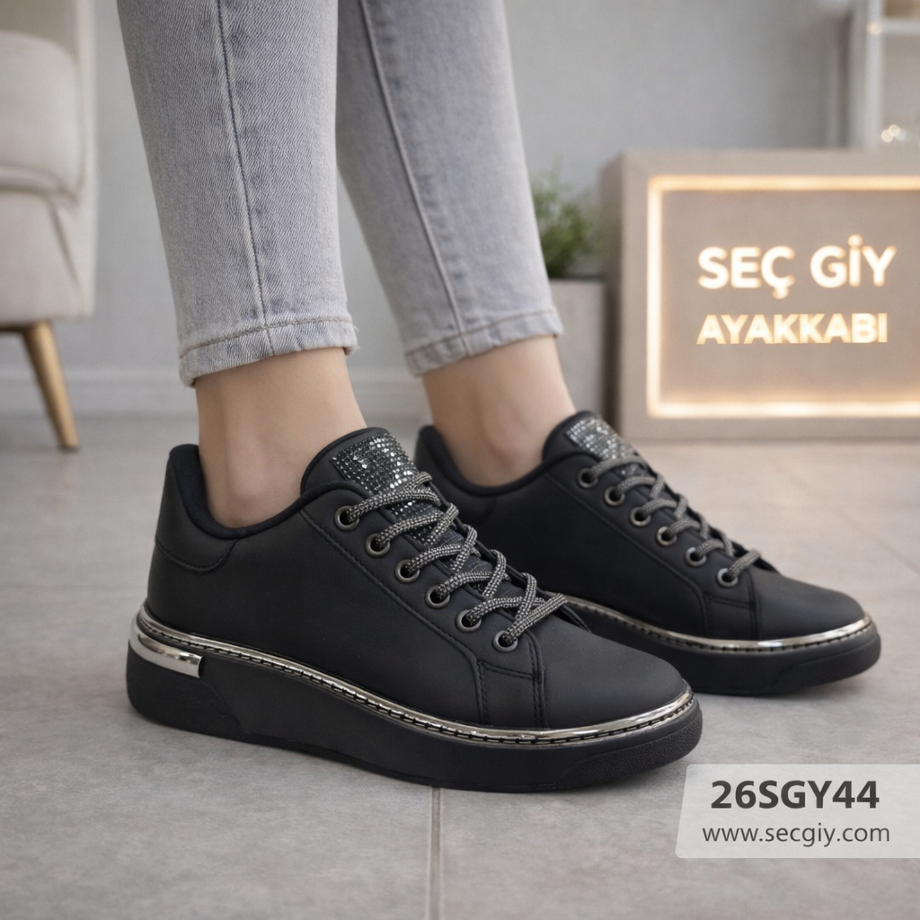 Siyah Bayan Spor Ayakkabı – Gümüş Detaylı Kalın Taban Günlük Model