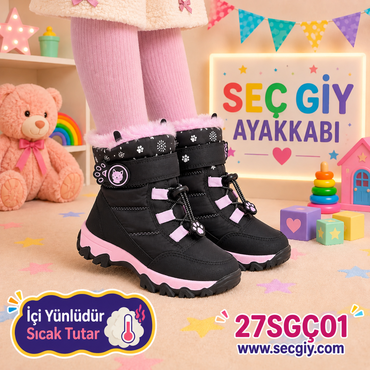 Kız Çocuk Siyah Pembe İçi Yünlü Sıcak Tutan Kışlık Bot
