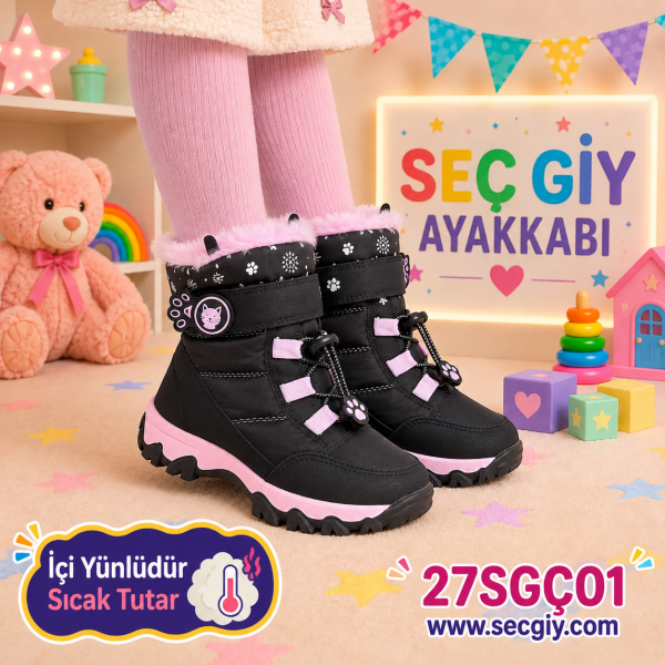 Kız Çocuk Siyah Pembe İçi Yünlü Sıcak Tutan Kışlık Bot