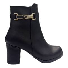 Kadın Kalın Topuklu Gold Tokalı Siyah Bot