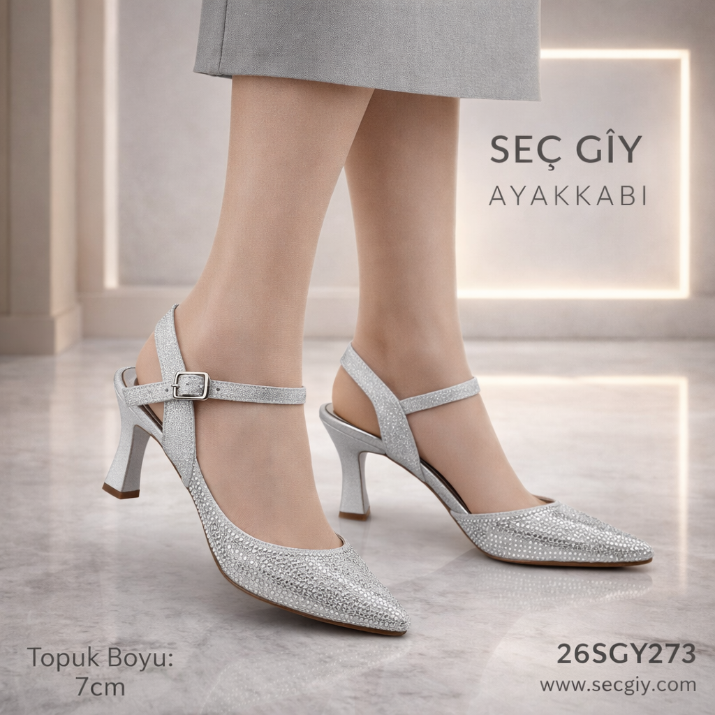 Gümüş Kadın Topuklu Ayakkabı 7 cm Abiye Model