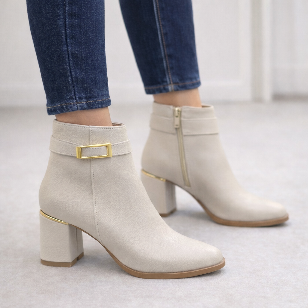 Krem Altın Tokalı Blok Topuk Kadın Bot | Şık Kışlık Kısa Bot Modeli