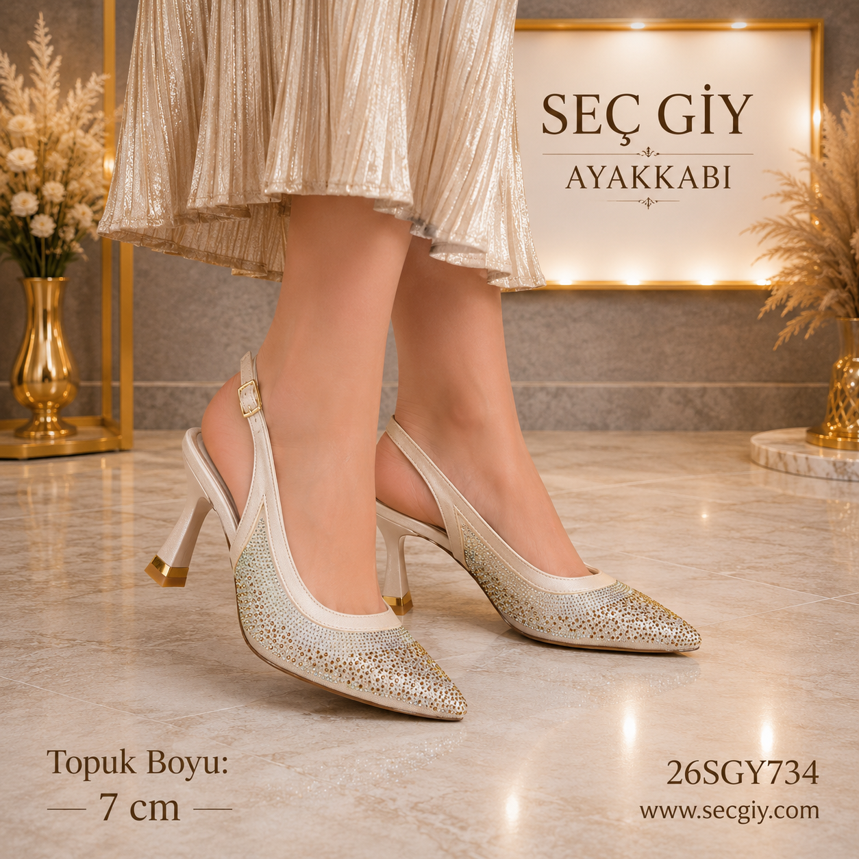 Taş İşlemeli Krem Kadın Slingback Topuklu Ayakkabı 7CM – Şık Abiye Ayakkabı