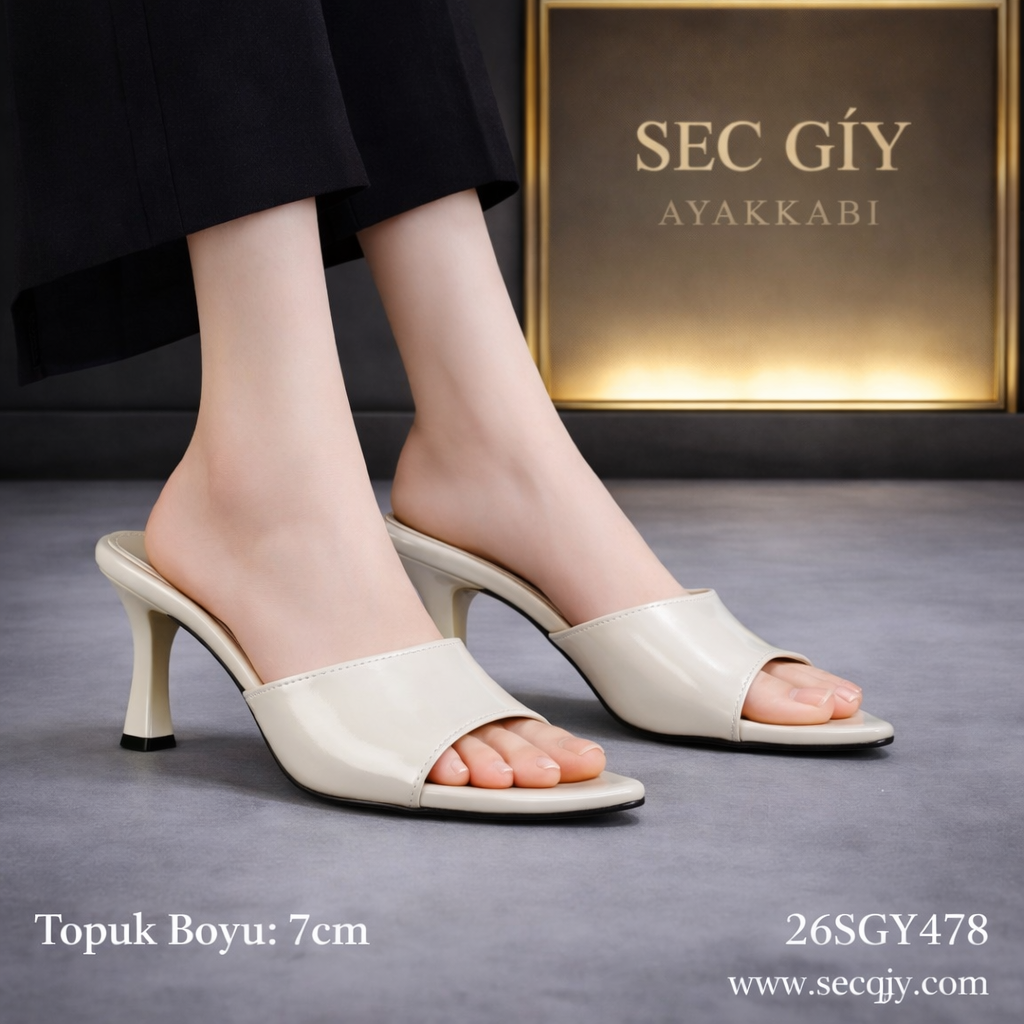 Krem Rugan 7 cm İnce Topuklu Kadın Terlik