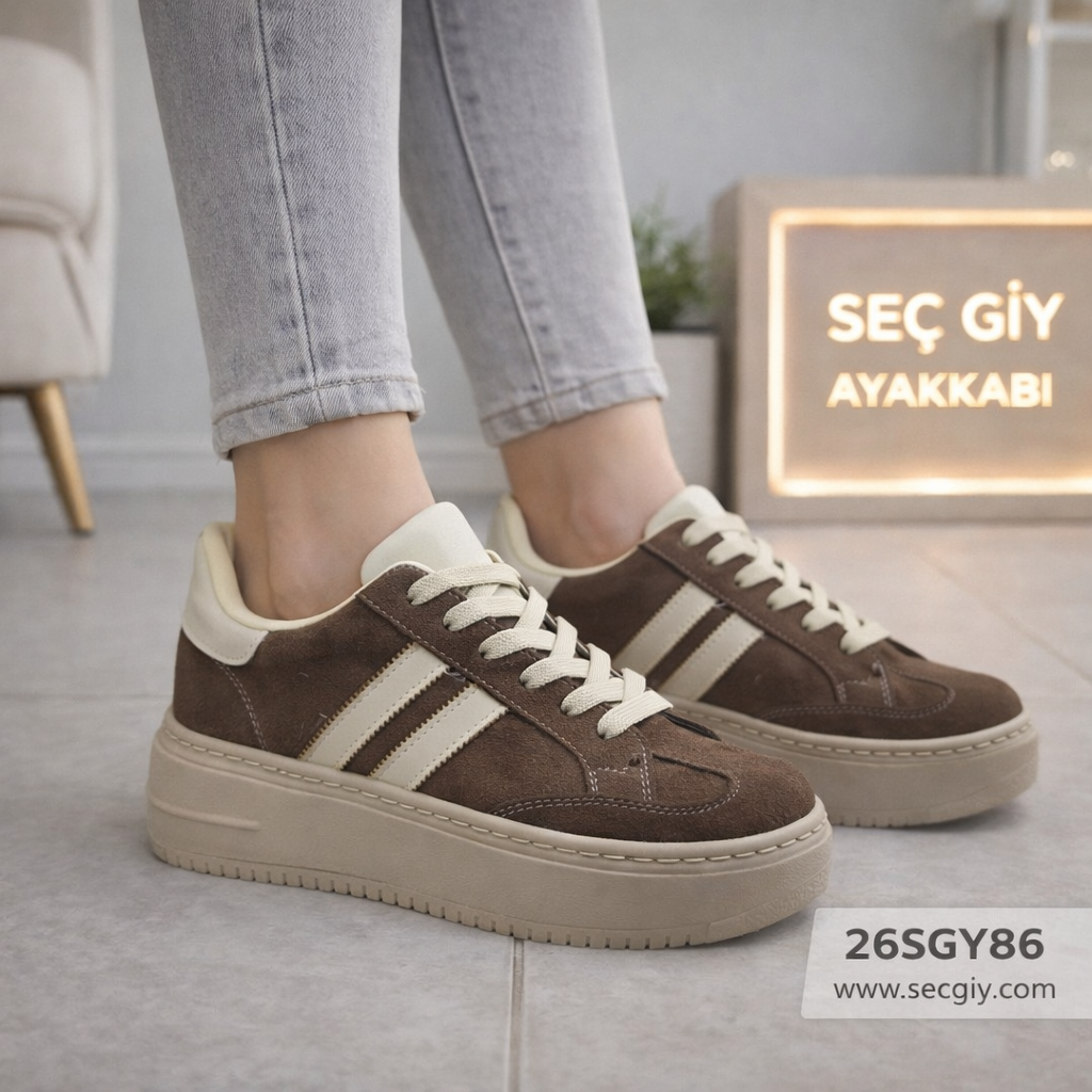 Kahverengi Süet Bayan Spor Ayakkabı – Çizgili Kalın Taban Günlük Model