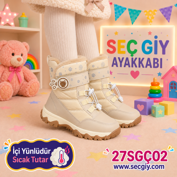 Kız Çocuk Krem İçi Yünlü Sıcak Tutan Kalın Taban Kışlık Bot