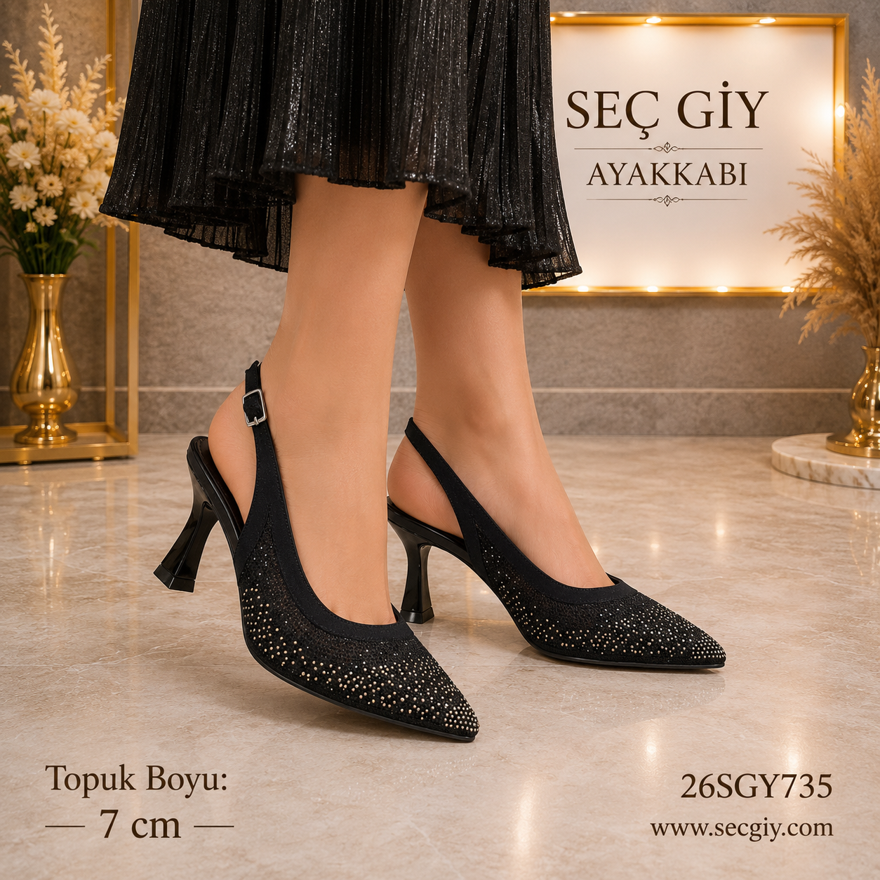 Siyah Taş Detaylı Kadın Slingback Topuklu Ayakkabı 7CM – Abiye Şık Ayakkabı