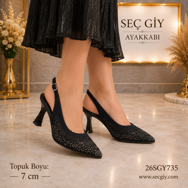 Siyah Taş Detaylı Kadın Slingback Topuklu Ayakkabı 7CM – Abiye Şık Ayakkabı