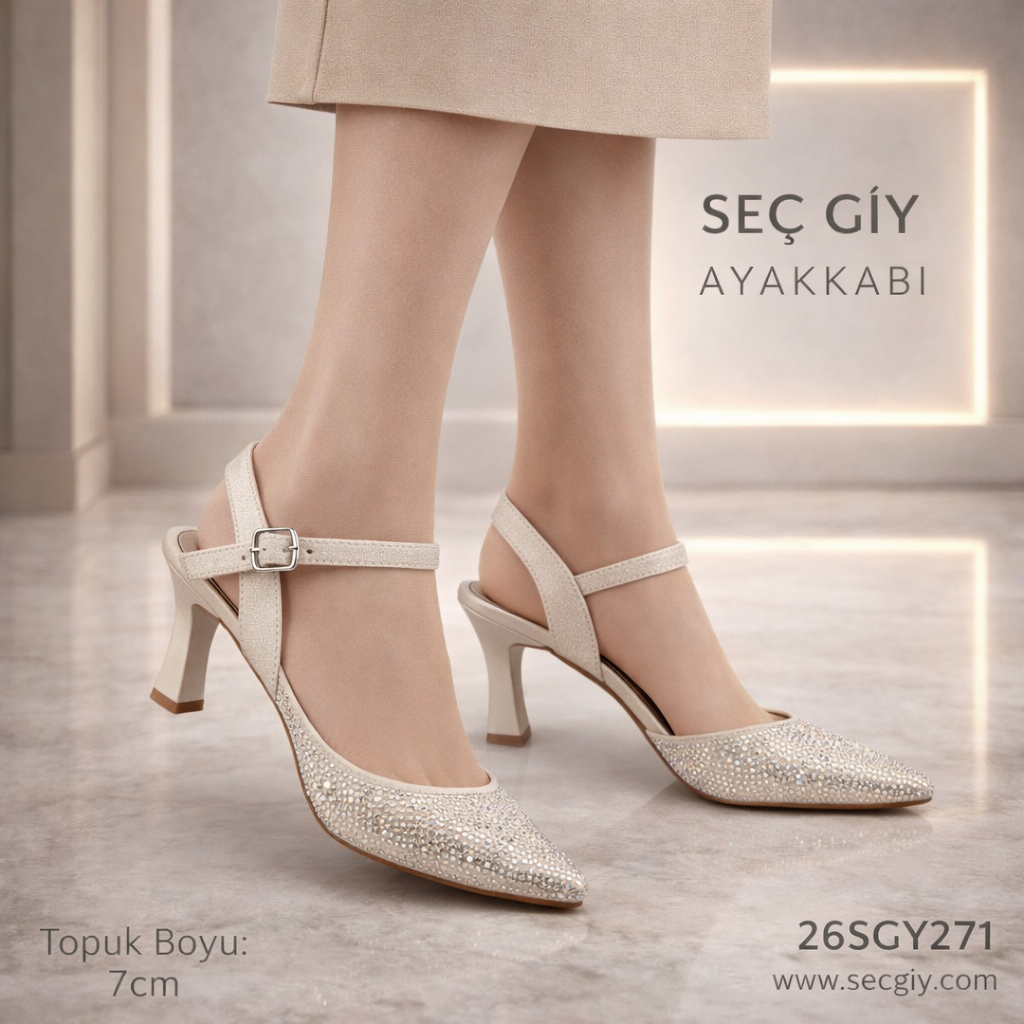 Bej Kadın Topuklu Ayakkabı 7 cm Abiye Model