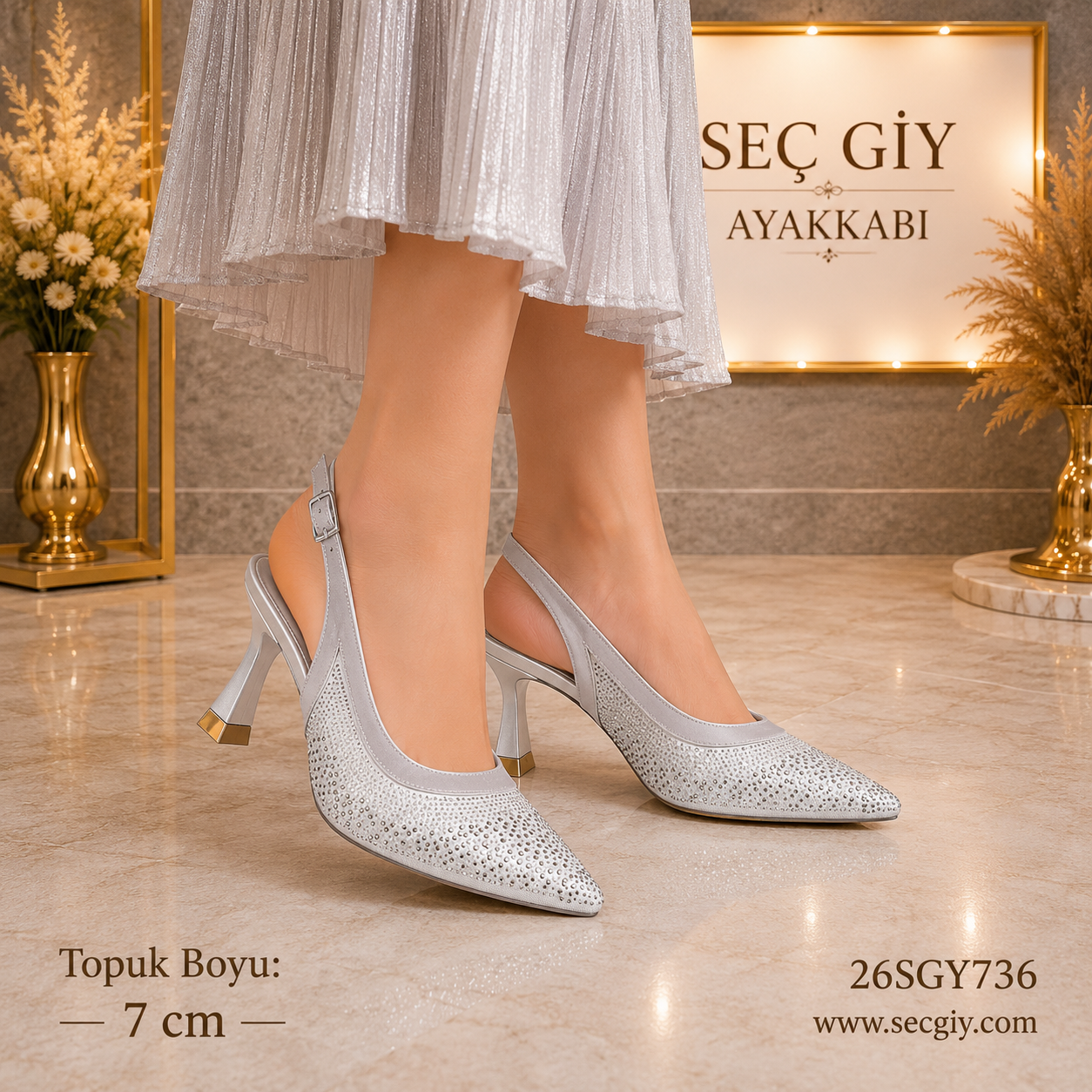 Gümüş Taş Detaylı Kadın Slingback Topuklu Ayakkabı 7CM – Şık Abiye Ayakkabı