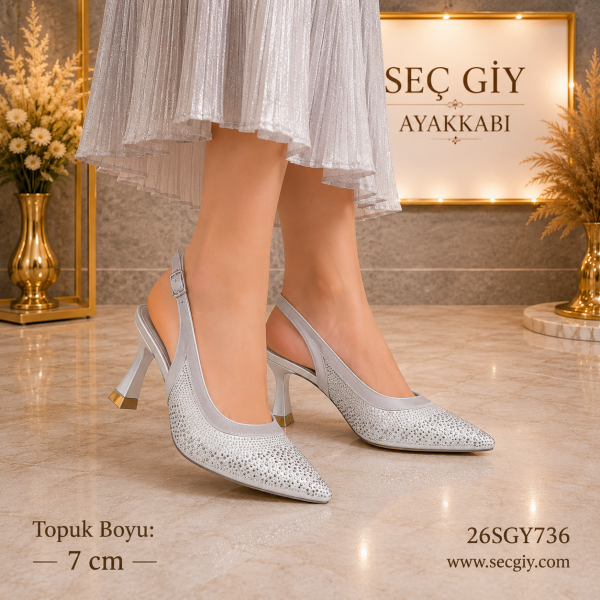 Gümüş Taş Detaylı Kadın Slingback Topuklu Ayakkabı 7CM – Şık Abiye Ayakkabı