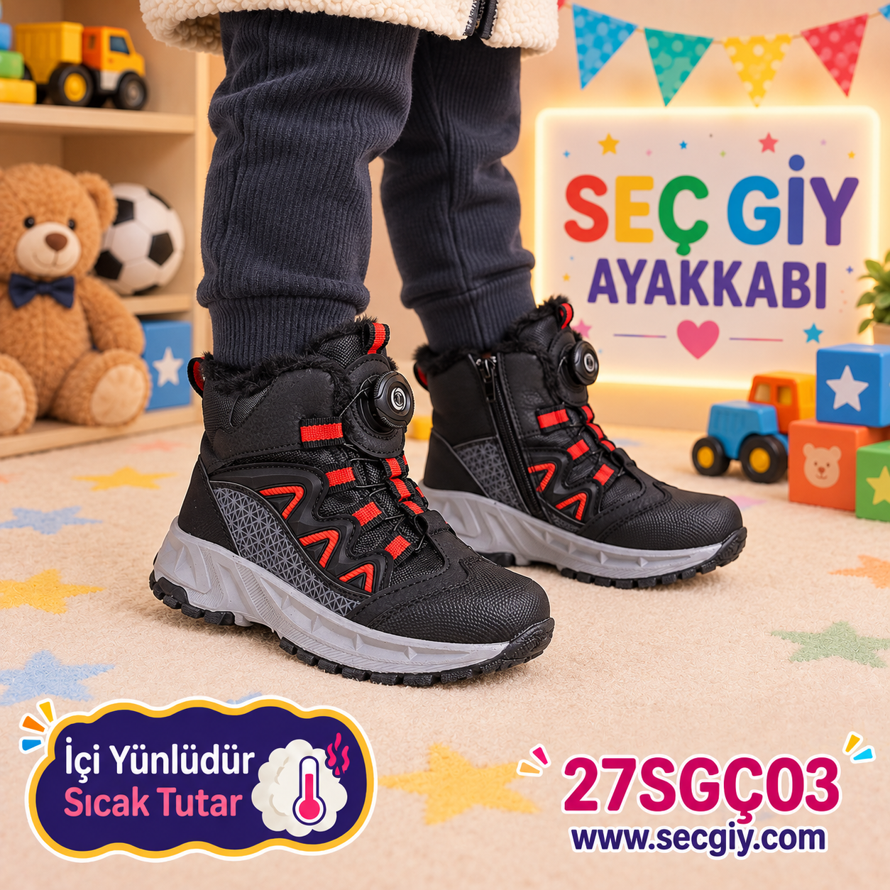 Erkek Çocuk Siyah Kırmızı İçi Yünlü Sıcak Tutan Kalın Taban Kışlık Bot