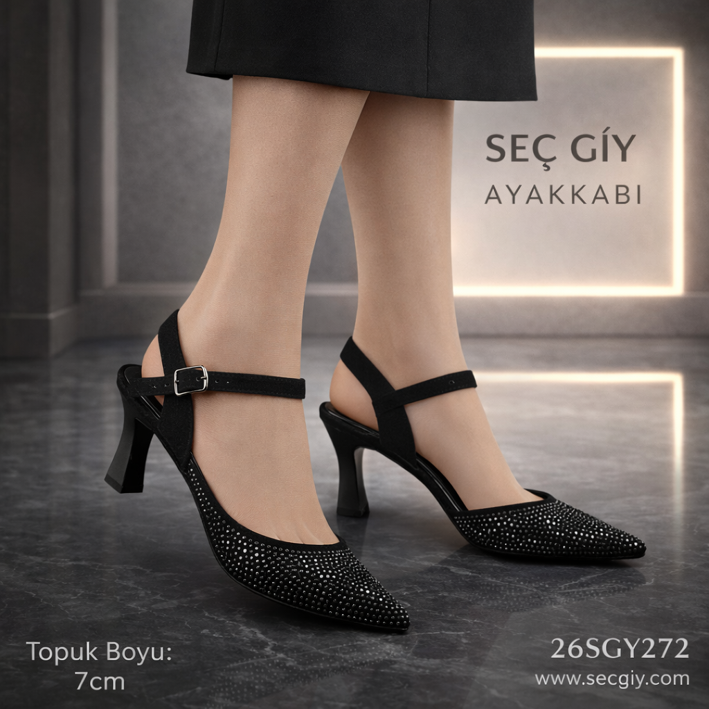 Siyah Kadın Topuklu Ayakkabı 7 cm Taşlı Model