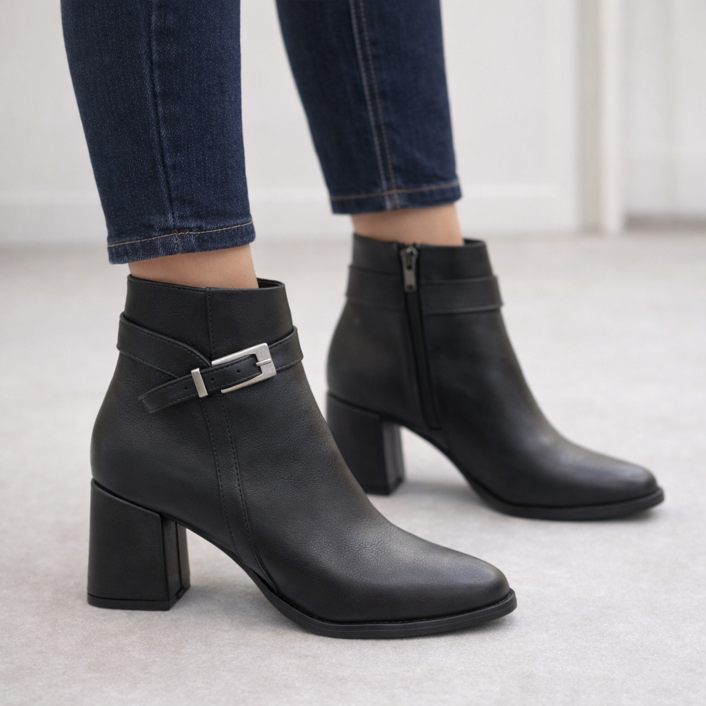 Siyah Metal Tokalı Blok Topuk Kadın Bot | Şık & Modern Kışlık Bot Modeli