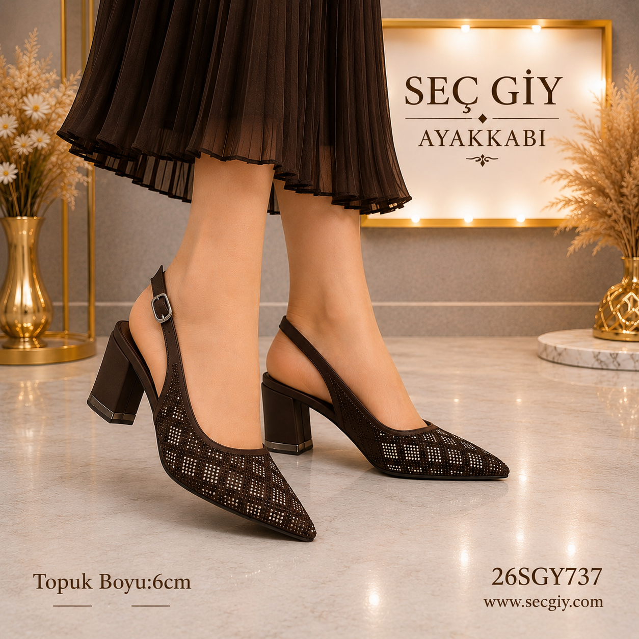Acı Kahve Taş Detaylı Kadın Slingback Topuklu Ayakkabı 6CM – Şık Sivri Burun Ayakkabı