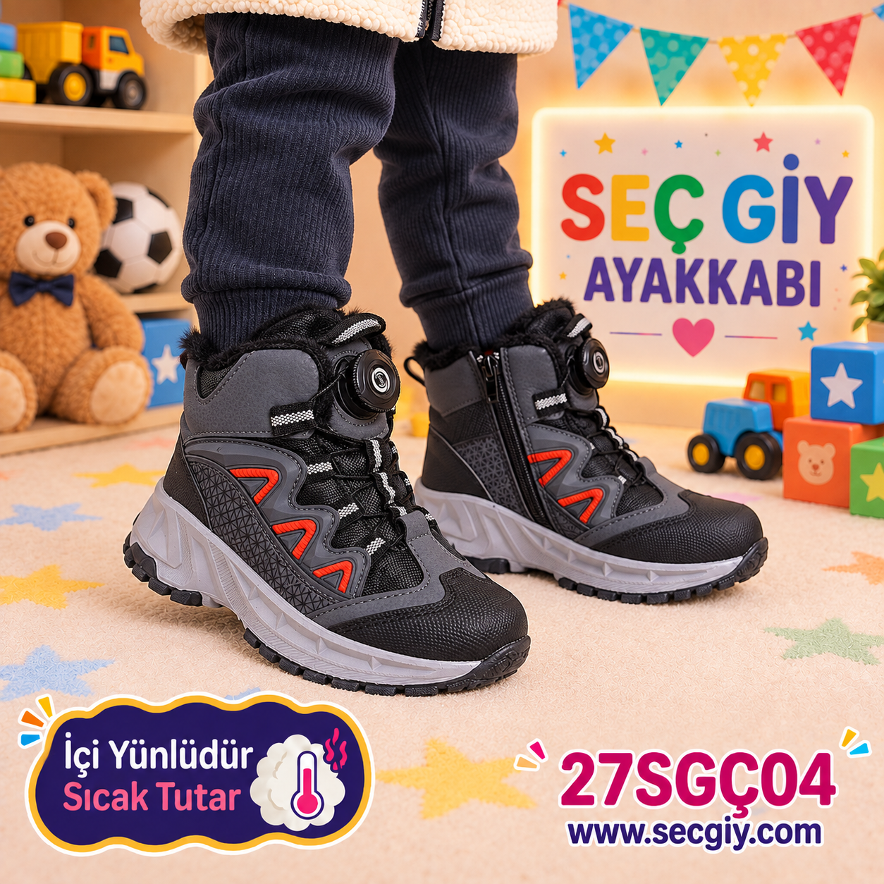 Erkek Çocuk Siyah Gri İçi Yünlü Sıcak Tutan Kalın Taban Kışlık Bot
