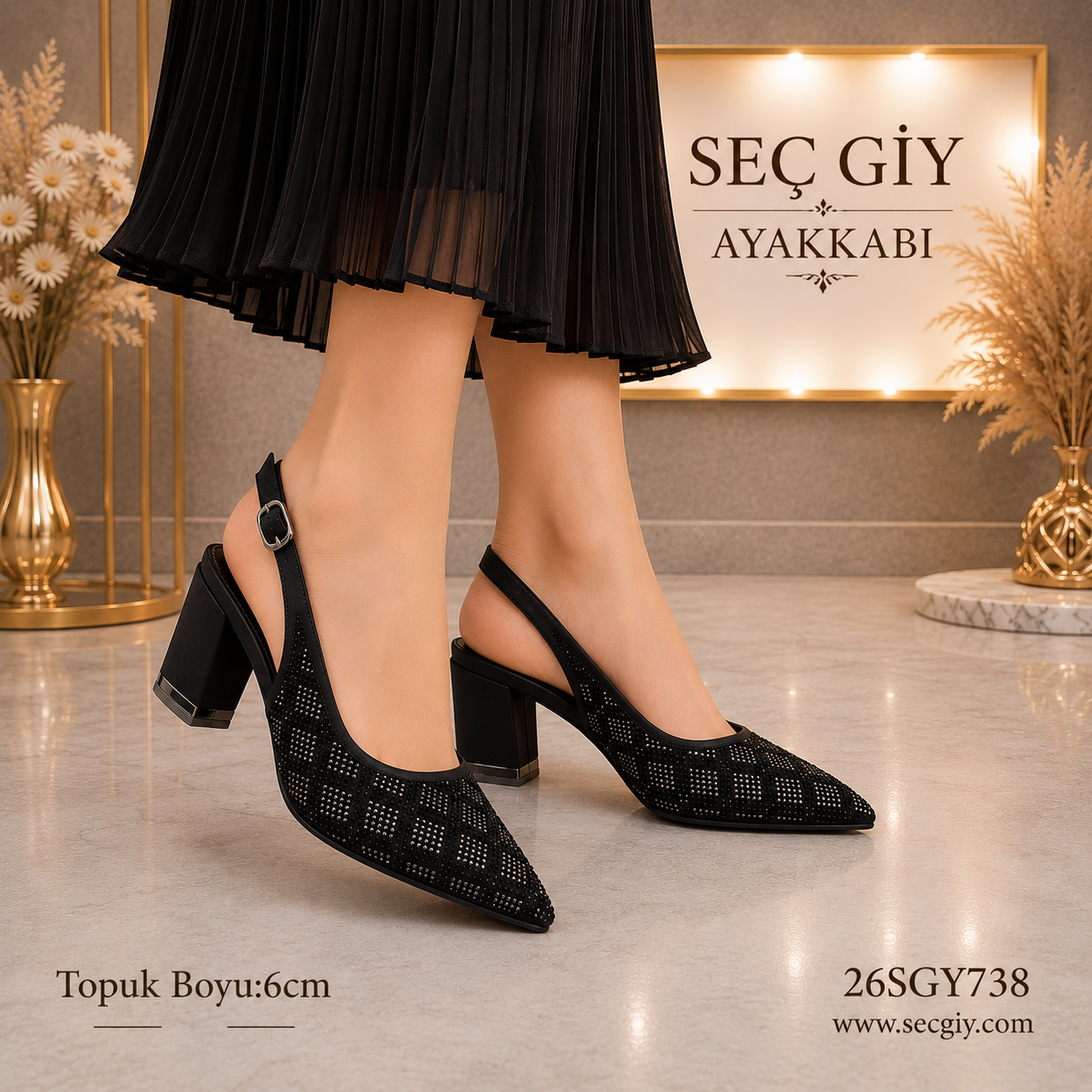 Siyah Taş Detaylı Kadın Slingback Topuklu Ayakkabı 6CM – Şık Sivri Burun Abiye Ayakkabı