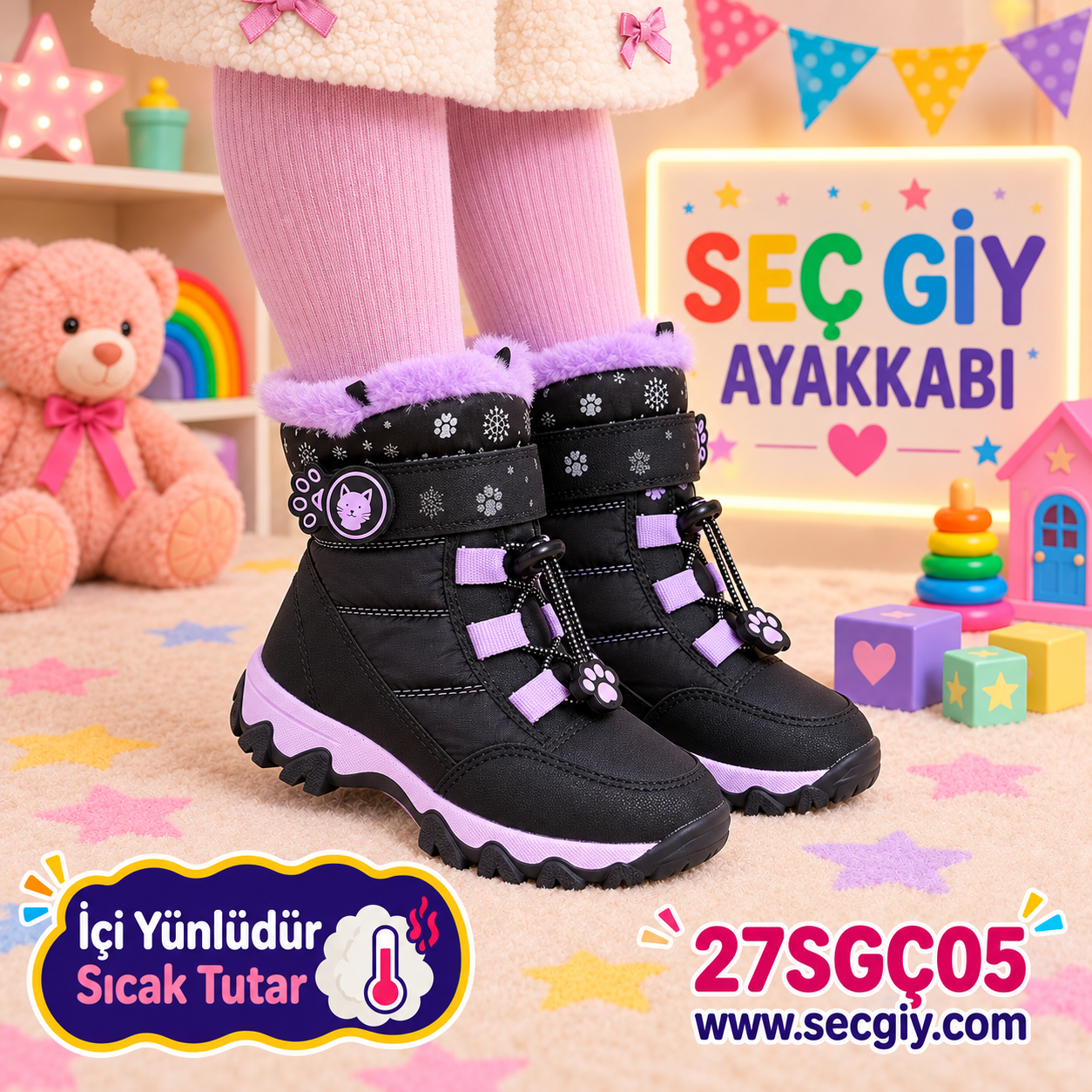 Kız Çocuk Siyah Lila İçi Yünlü Sıcak Tutan Kalın Taban Kışlık Bot