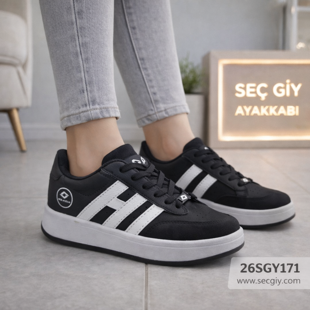 Siyah Beyaz Çizgili Bayan Spor Ayakkabı – Günlük Rahat Kalın Taban Model