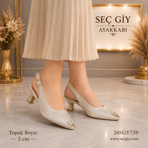 Krem Taş Detaylı Kadın Slingback Topuklu Ayakkabı 3CM – Zarif Sivri Burun Ayakkabı
