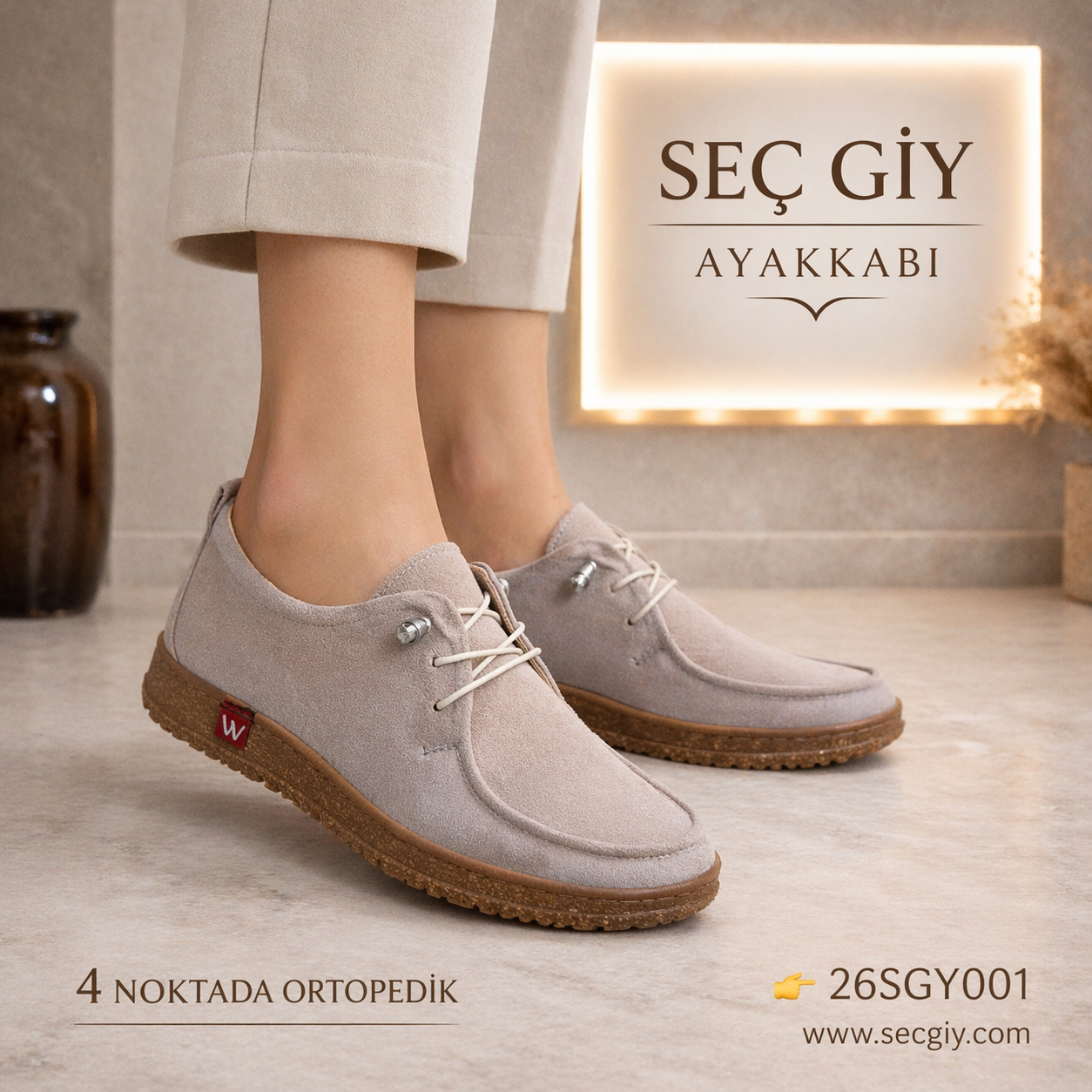 Bej Süet Görünümlü Bağcıklı Ortopedik Günlük Kadın Ayakkabı