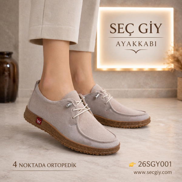 Bej Süet Görünümlü Bağcıklı Ortopedik Günlük Kadın Ayakkabı