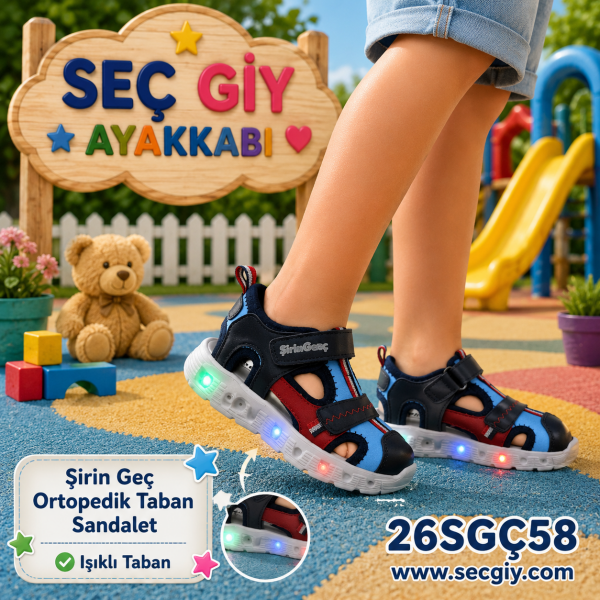 Erkek Çocuk Işıklı Ortopedik Cırt Cırtlı Spor Sandalet Lacivert