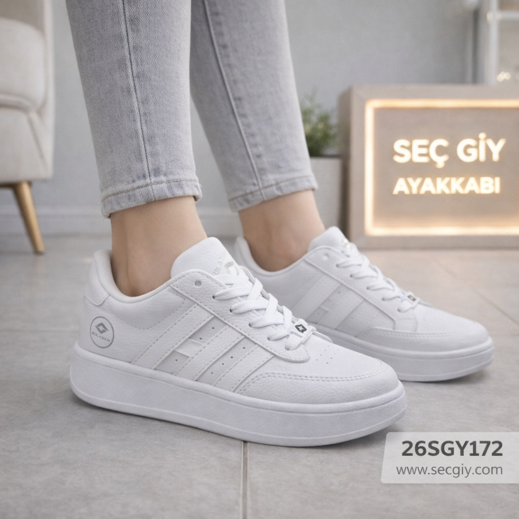 Beyaz Bayan Spor Ayakkabı – Günlük Rahat Kalın Taban Sneaker Model