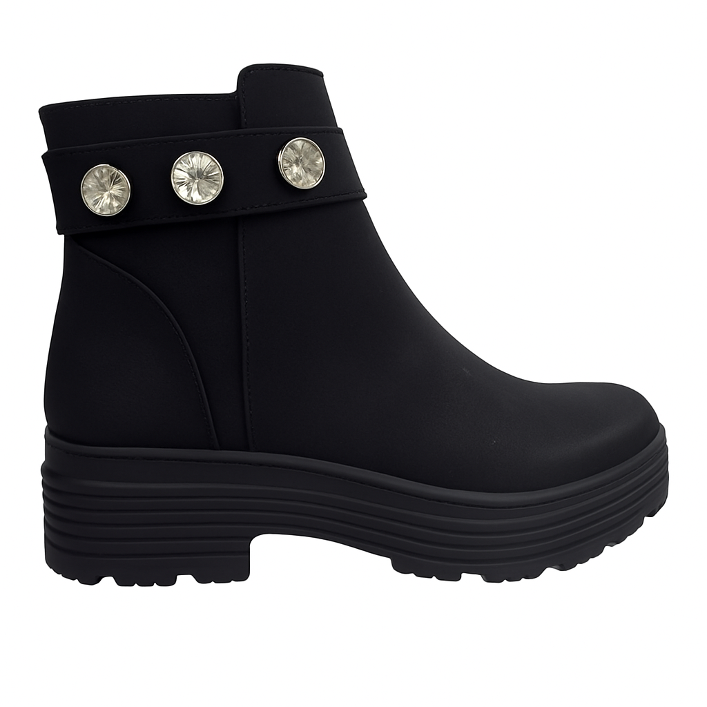 Siyah Taş Detaylı Kalın Taban Kadın Bot