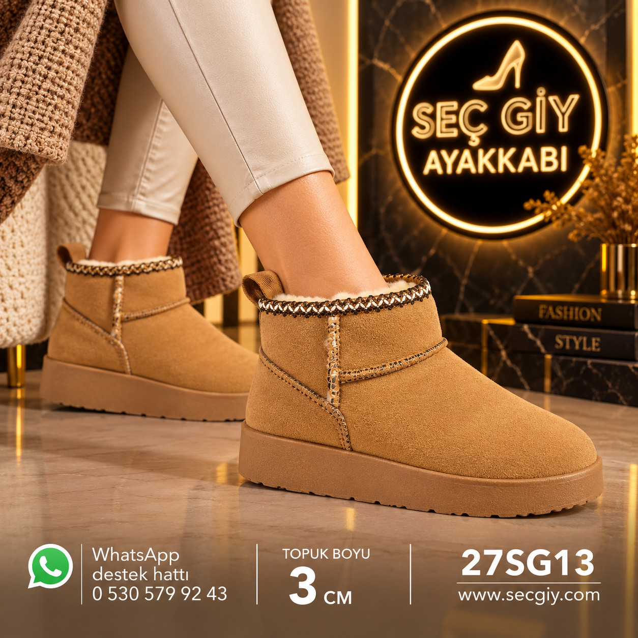 Taba İçi Yünlü Kadın Kısa Bot – 3 cm Kalın Taban