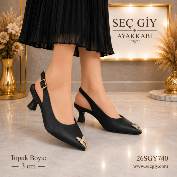 Siyah Kelebek Taş Detaylı Kadın Slingback Topuklu Ayakkabı 3CM – Zarif Sivri Burun Ayakkabı