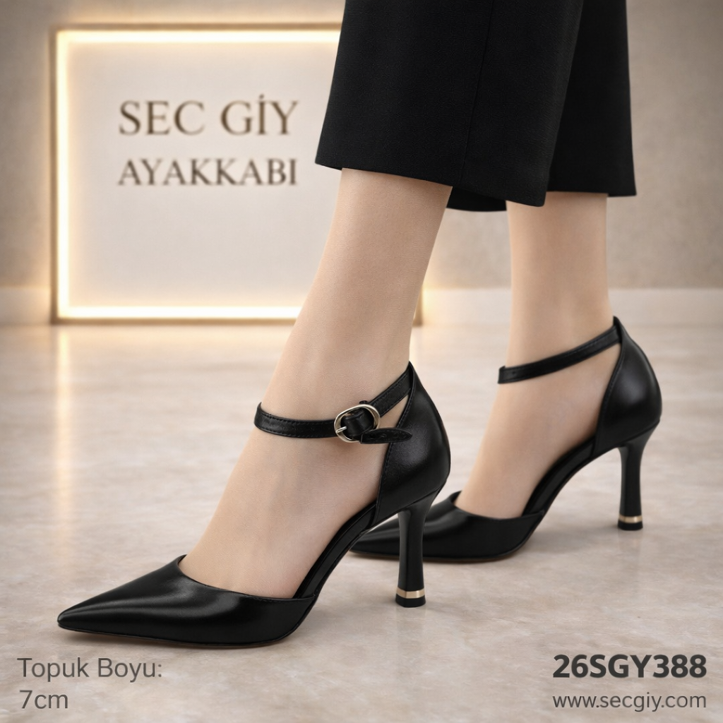 Siyah Kadın Topuklu Ayakkabı 7 cm Bilek Bantlı