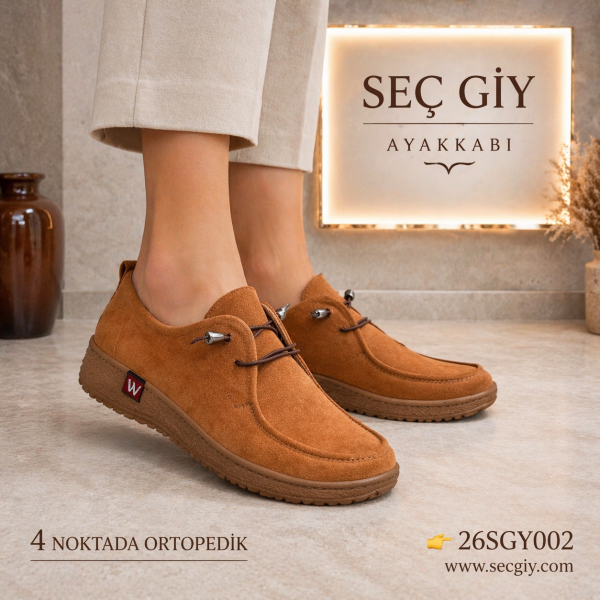 Taba Süet Görünümlü Bağcıklı Ortopedik Günlük Kadın Ayakkabı