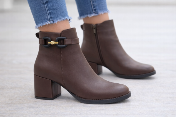 Kahverengi Tokalı Kalın Topuklu Kadın Bot