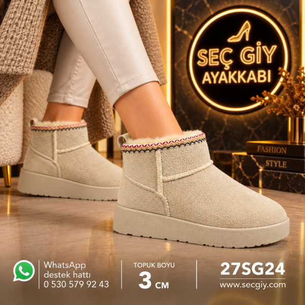 Ekru İçi Yünlü Kadın Kısa Bot – 3 cm Kalın Taban