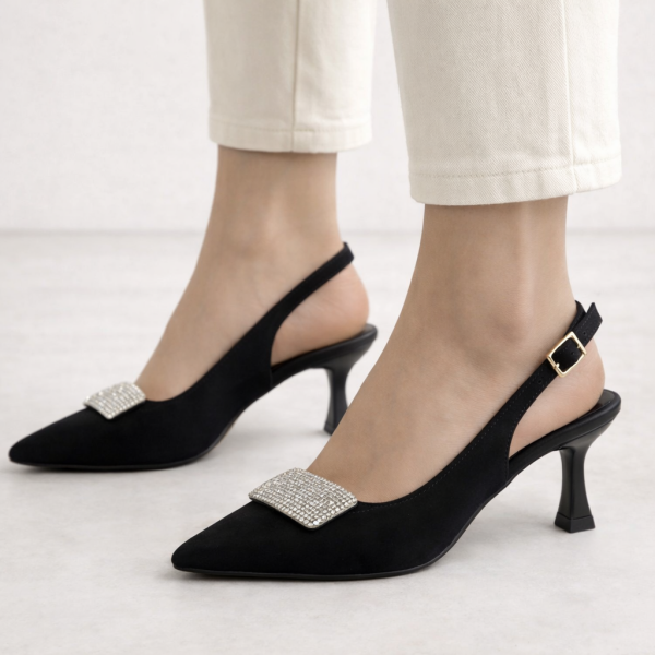 Kare Kristal Tokalı Siyah  Topuklu Ayakkabı
