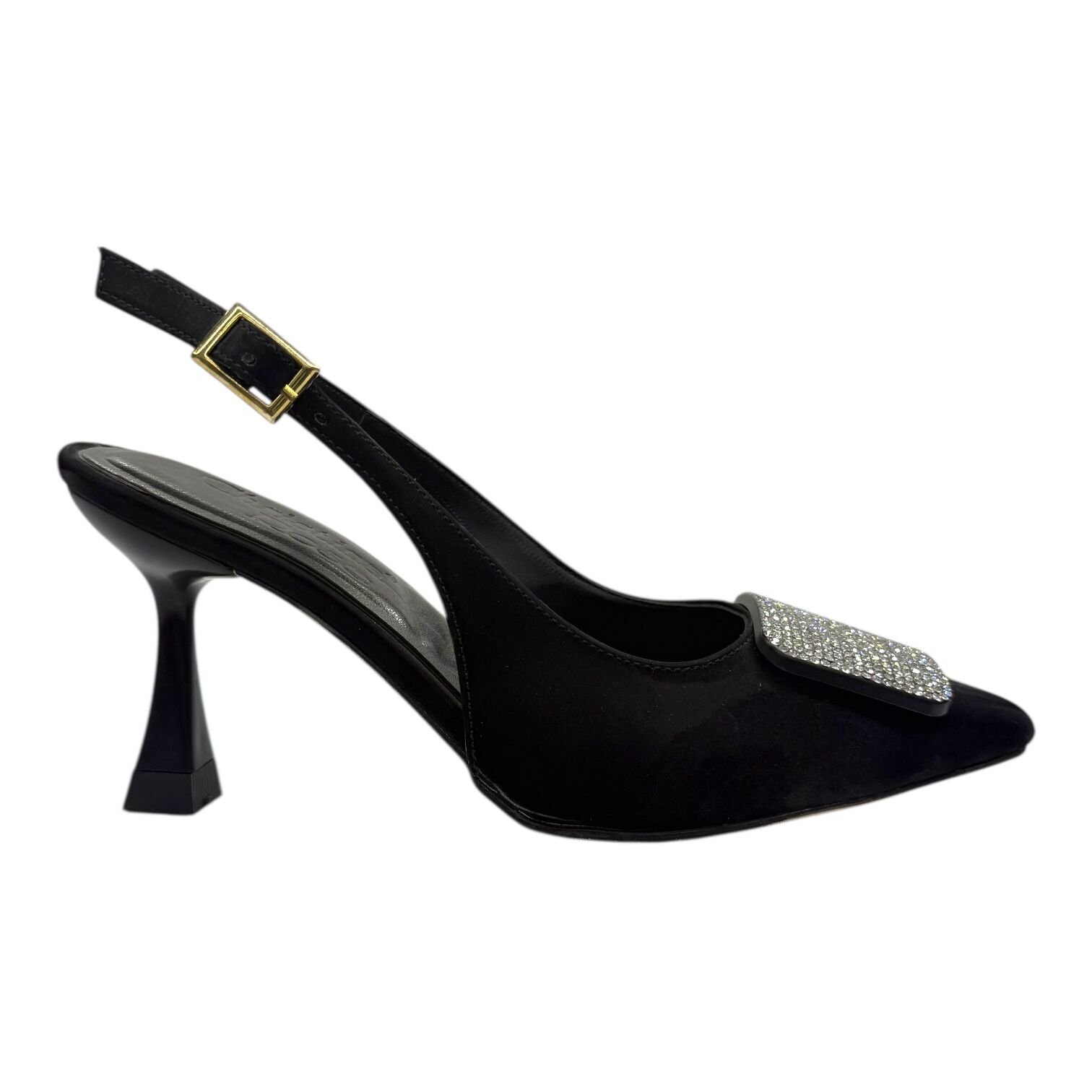 Kare Kristal Tokalı Siyah  Topuklu Ayakkabı