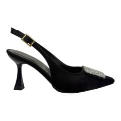 Kare Kristal Tokalı Siyah  Topuklu Ayakkabı