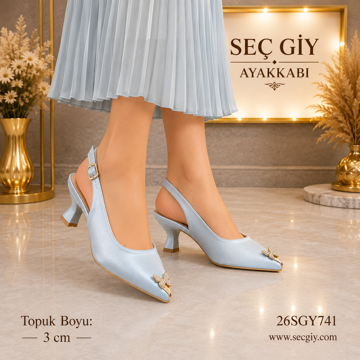 Bebe Mavi Kelebek Taş Detaylı Kadın Slingback Topuklu Ayakkabı 3CM – Şık Sivri Burun Ayakkabı