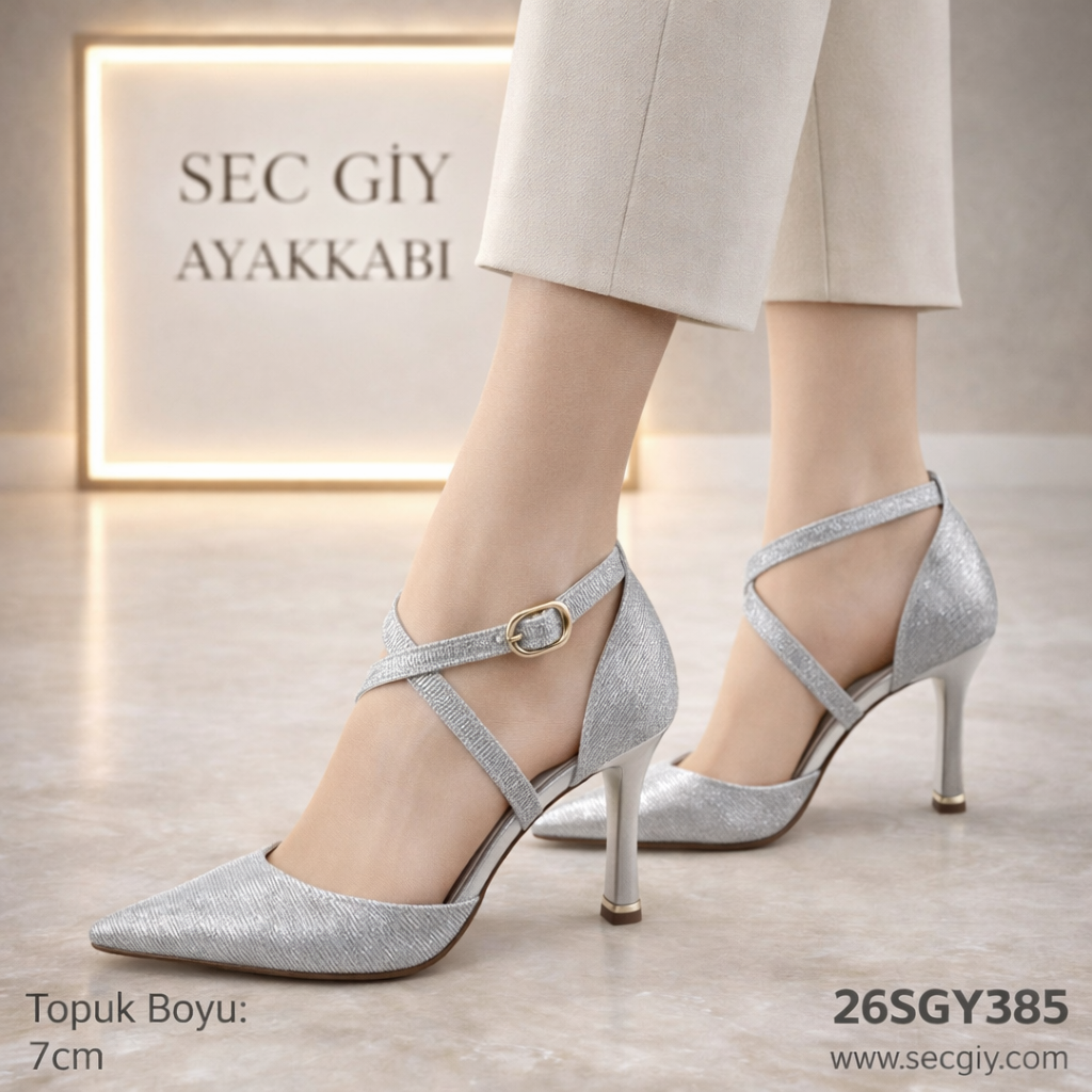Gümüş Kadın Topuklu Ayakkabı 7 cm Şık Abiye