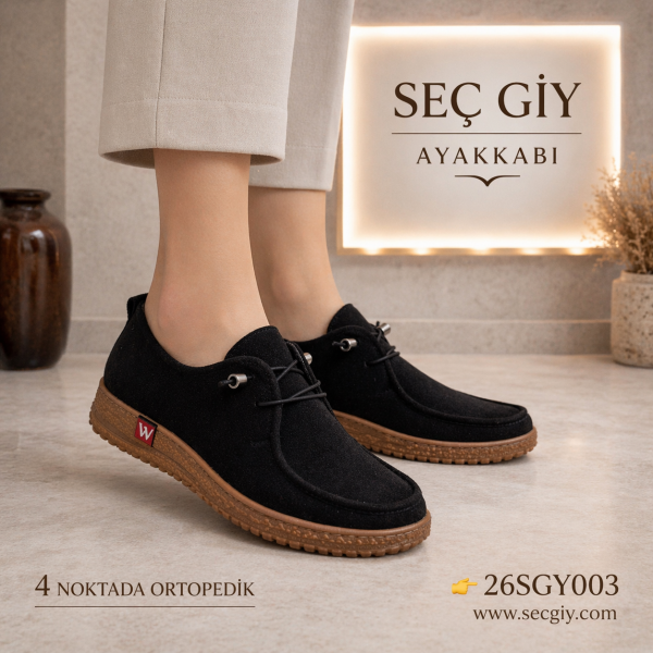 Siyah Süet Görünümlü Bağcıklı Ortopedik Günlük Kadın Ayakkabı