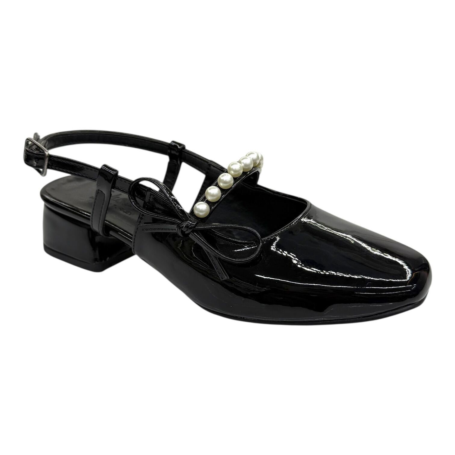 İnci Zarafeti – Siyah Rugan Topuklu Babet