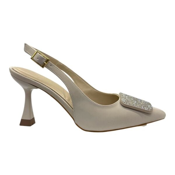 Kare Kristal Tokalı Krem Topuklu Ayakkabı