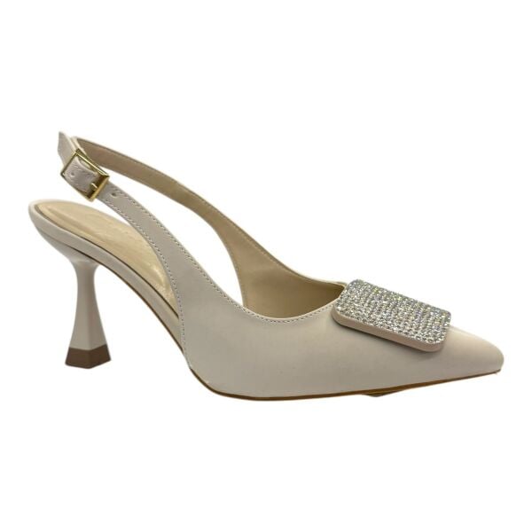 Kare Kristal Tokalı Krem Topuklu Ayakkabı